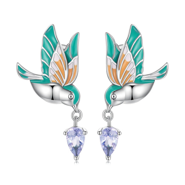  Pendientes Pájaro Colorido bañados en oro 18k