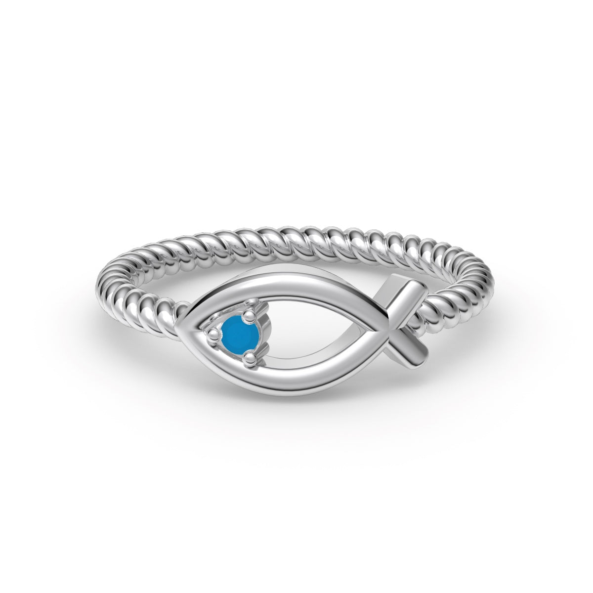 vista frontal del Anillo Diseño Pez con Piedra Azul Turquesa de color plata con fondo blanco