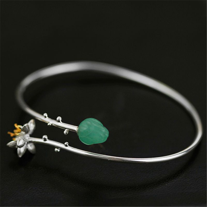 Lotus Vase Bracelet with Aventurine stone, sterling silver and 18k gold for women