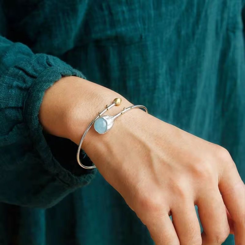 Lotus Bud Bracelet with Aquamarine Stone