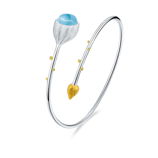 Lotus Bud Bracelet with Aquamarine Stone, Sterling Silver and 18k Gold for Women