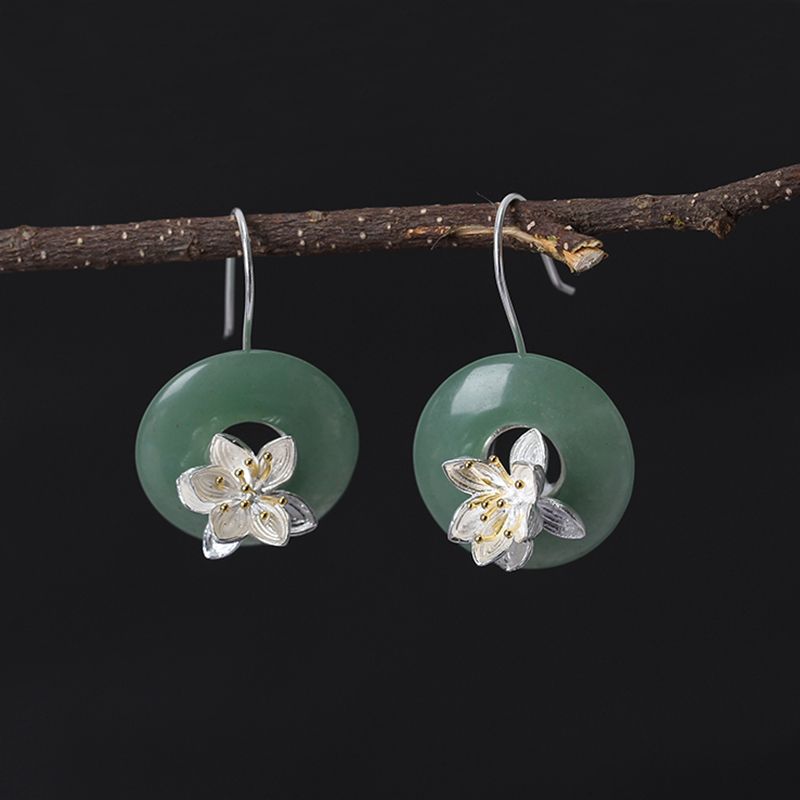 Whispers of lotus earrings with Aventurine stone, silver and 18k gold for women