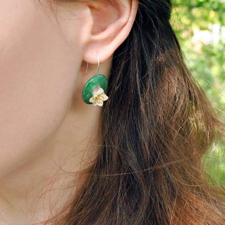 Whispers of lotus earrings with Aventurine stone, silver and 18k gold for women