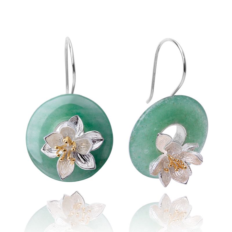 Whispers of lotus earrings with Aventurine stone, silver and 18k gold for women