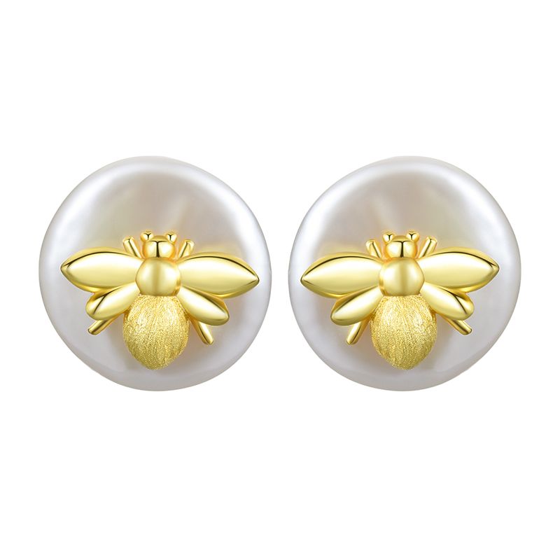 sterling silver and 18k gold bee earrings with white pearl for women