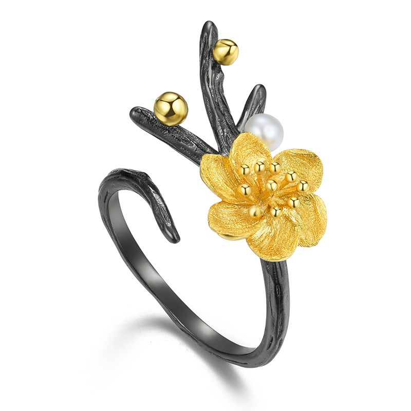 anillo flor de ciruelo con perla blanca