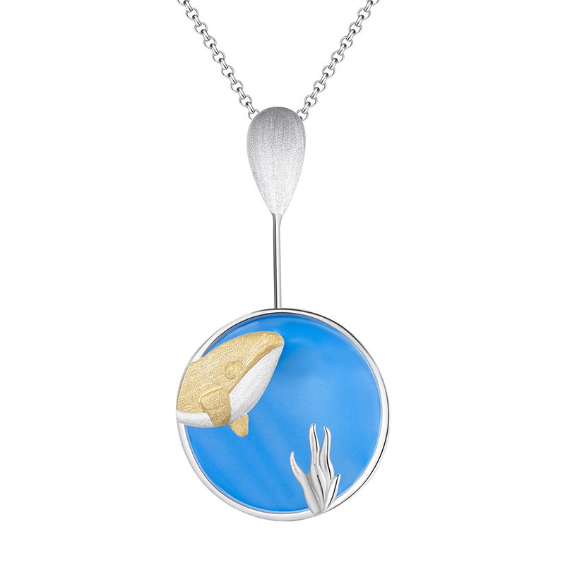 Collar Ballena Del Mundo Submarino con Piedra Ágata de plata de ley 925 pura, Calidad Española, 100% Hecho a Mano para mujeres