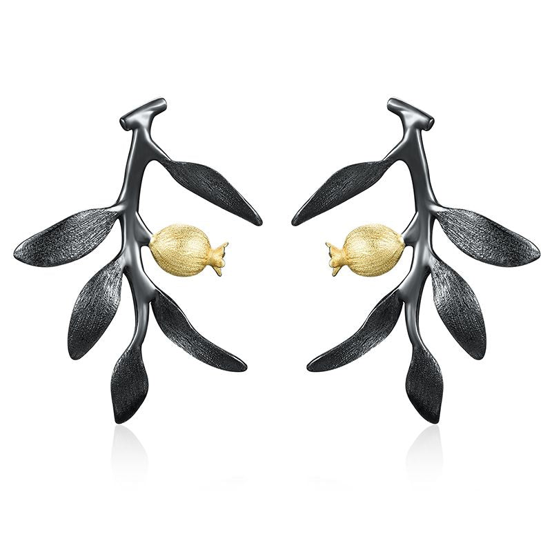 Pendientes Flor de Granada de plata de ley 925 pura y oro negro, Calidad Española, 100% Hecho a Mano para mujeres