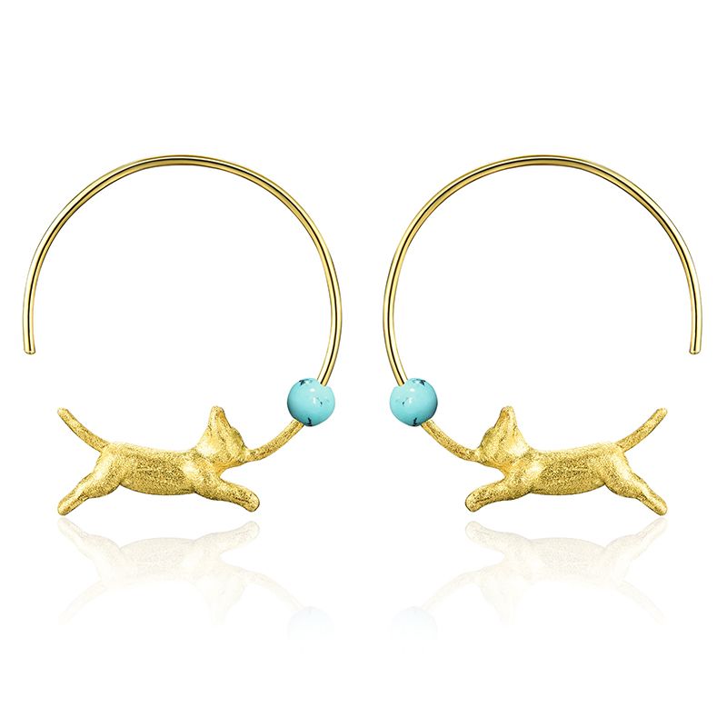 Pendientes Gato Corriendo Con Perla Azul y Plata de Ley Con Oro 18k Para Mujer