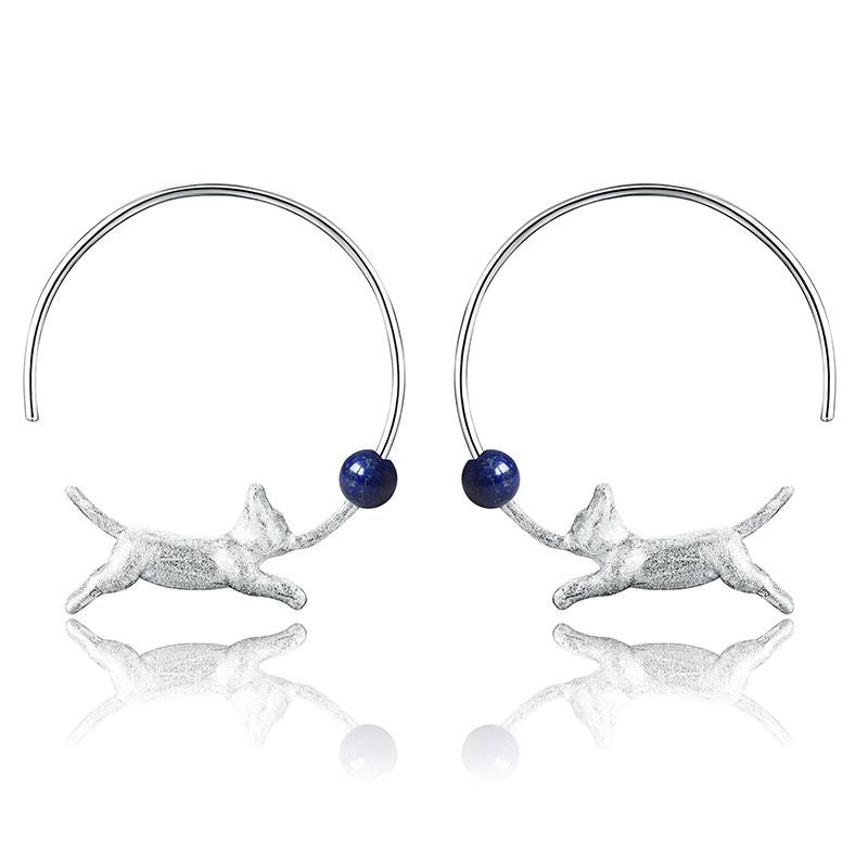 Pendientes Gato Corriendo Con Perla Azul y Plata de Ley Con Oro 18k Para Mujer