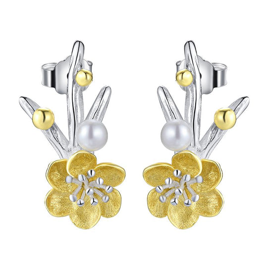 pendientes flor de ciruelo con perla blanca