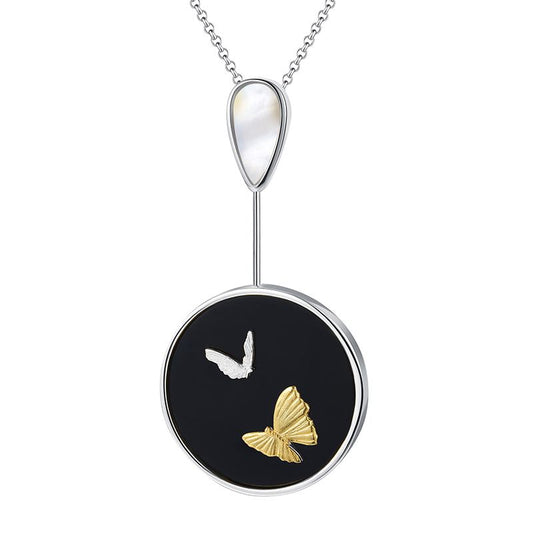 Collana dell'Amicizia Felice di Due Farfalle con Pietra Agata Nera