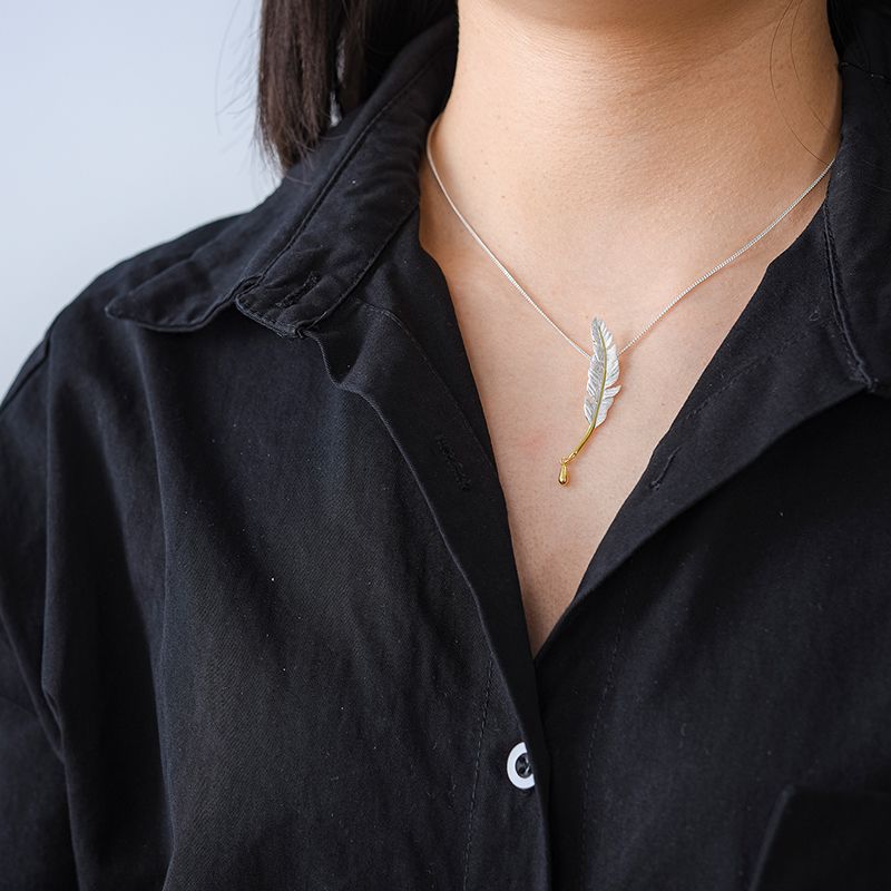 Sterling Silver and 18k Gold Feather Necklace for Women