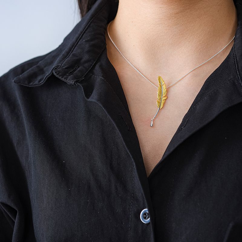 Sterling Silver and 18k Gold Feather Necklace for Women