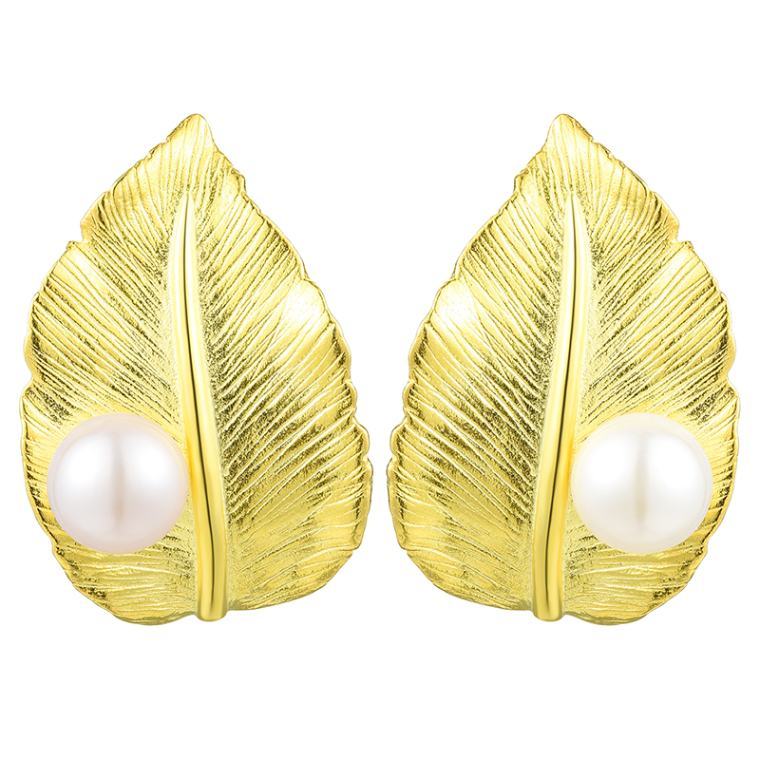 pendientes la hoja de perla con perla blanca, de plata de ley 925 pura y oro 18k, Calidad Española, 100% Hecho a Mano para mujeres