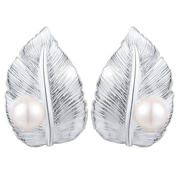 pendientes la hoja de perla con perla blanca, de plata de ley 925 pura y oro 18k, Calidad Española, 100% Hecho a Mano para mujeres