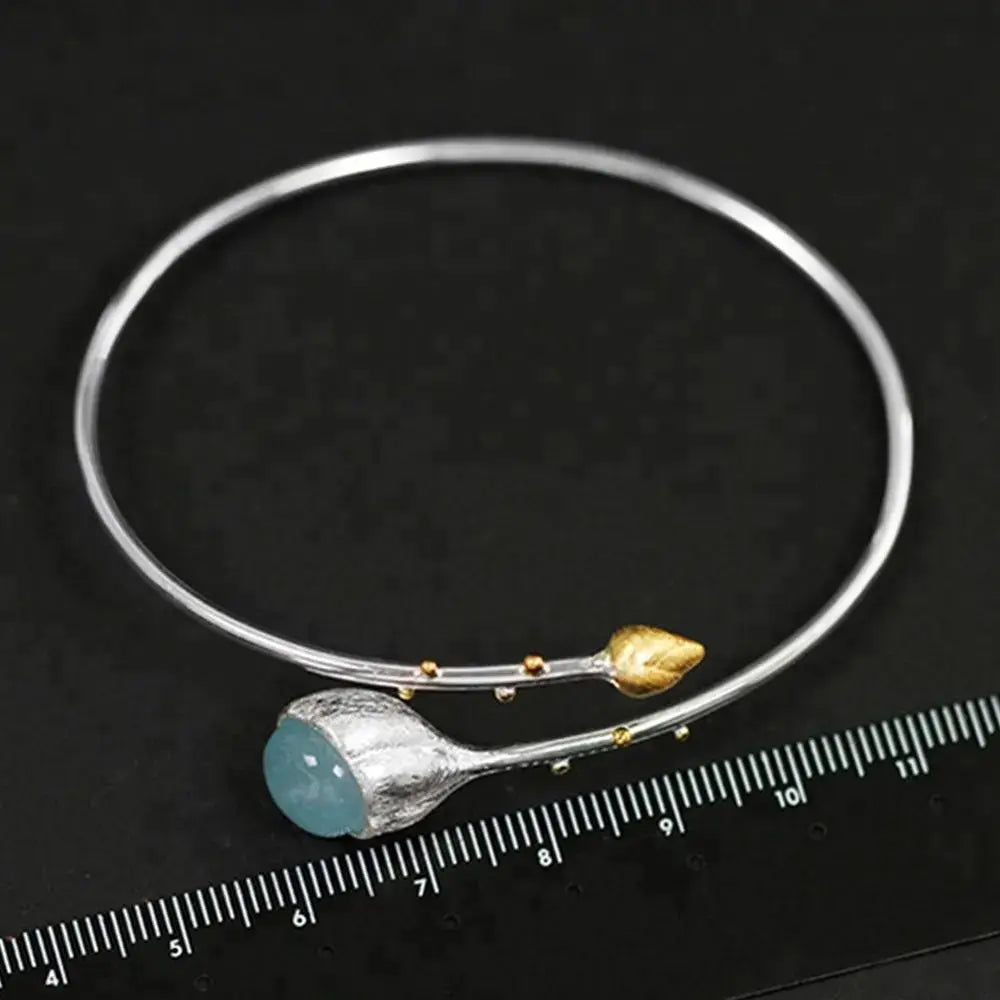 Lotus Bud Bracelet with Aquamarine Stone