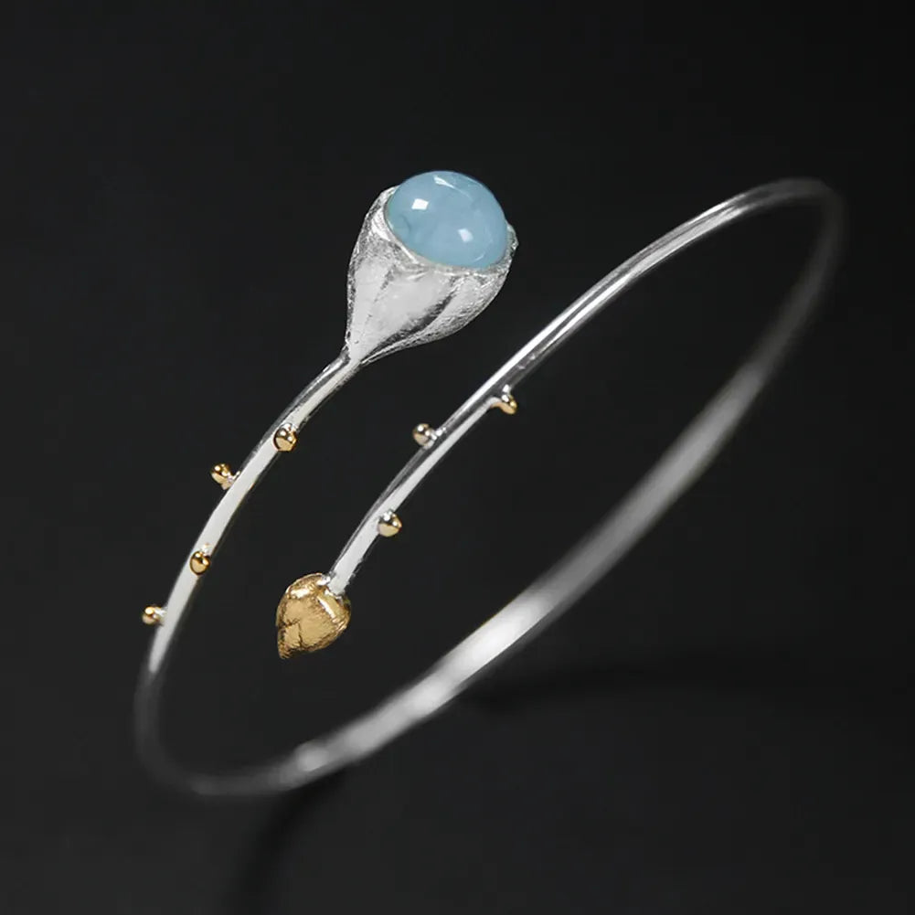 Lotus Bud Bracelet with Aquamarine Stone