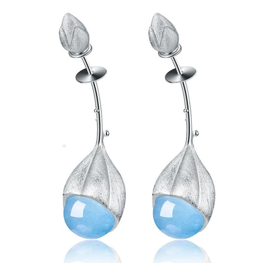 Lotus Buds Earrings With Aquamarine Stone in sterling silver and 18k gold