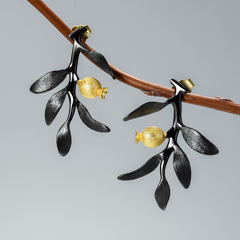 Pendientes Flor de Granada de plata de ley 925 pura y oro negro, Calidad Española, 100% Hecho a Mano para mujeres