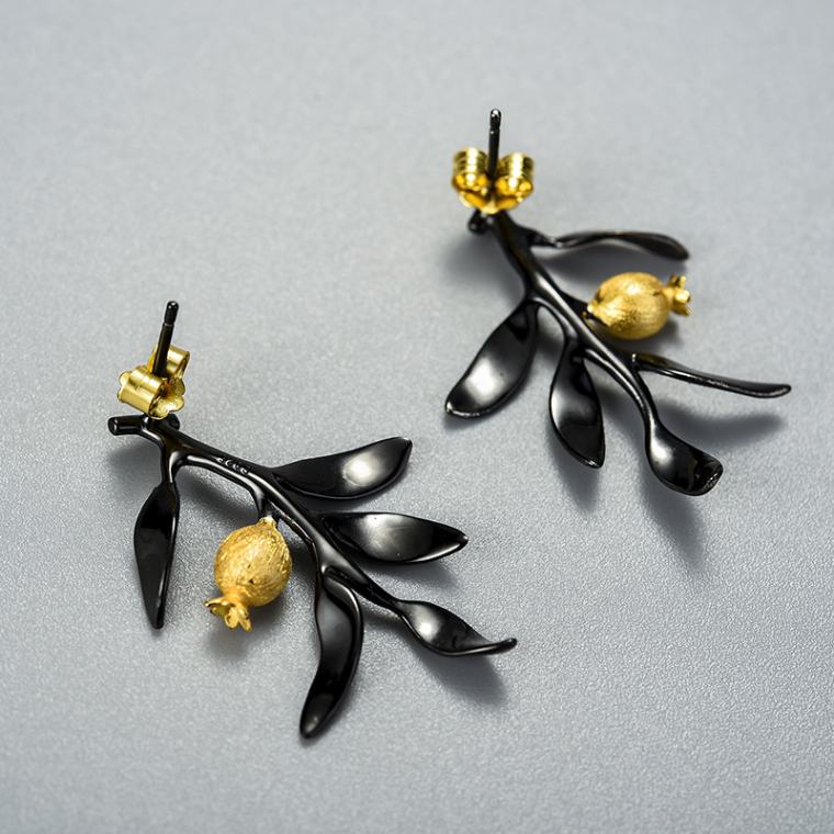 Pendientes Flor de Granada de plata de ley 925 pura y oro negro, Calidad Española, 100% Hecho a Mano para mujeres