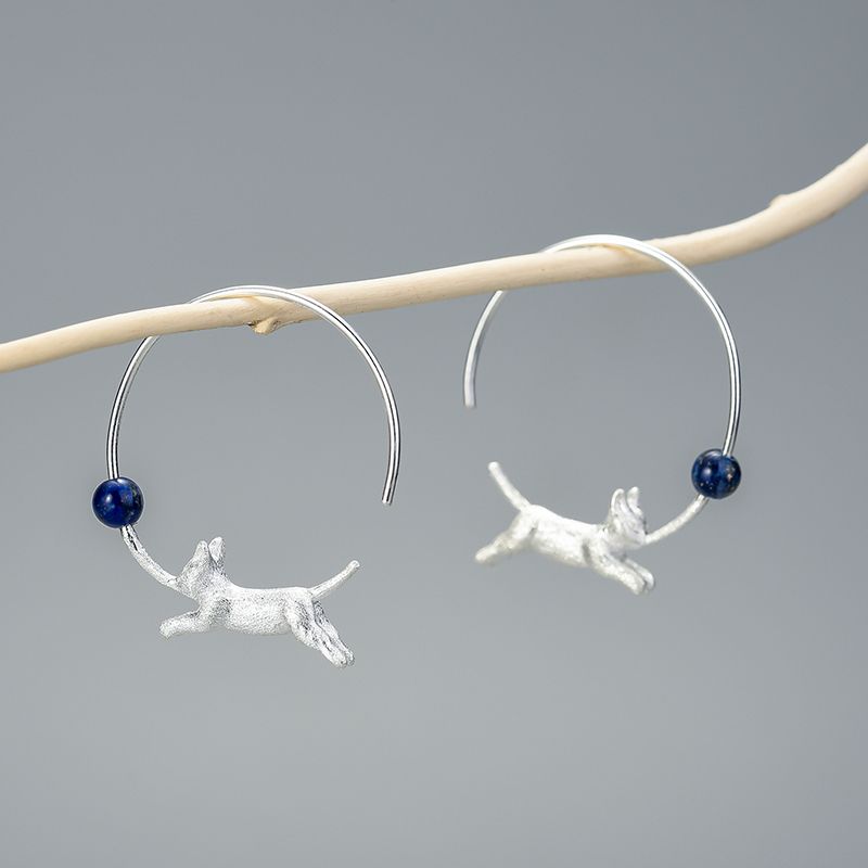 Pendientes Gato Corriendo Con Perla Azul y Plata de Ley Con Oro 18k Para Mujer