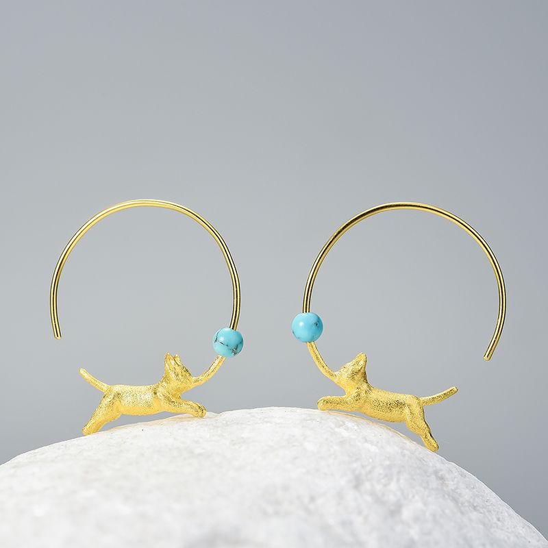 Pendientes Gato Corriendo Con Perla Azul y Plata de Ley Con Oro 18k Para Mujer