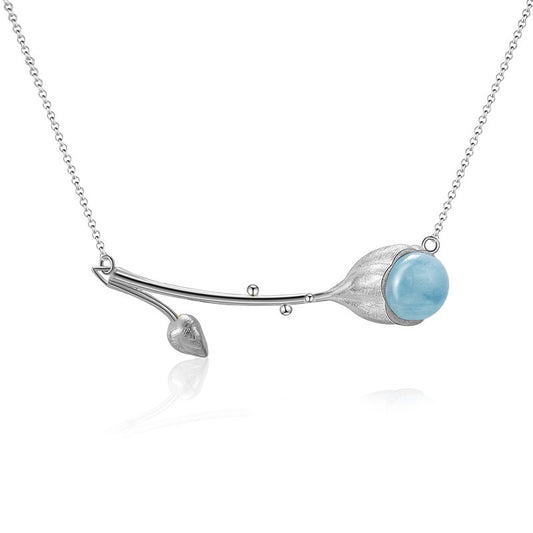 Collana di boccioli di loto con pietra acquamarina in argento sterling e oro 18 carati da donna