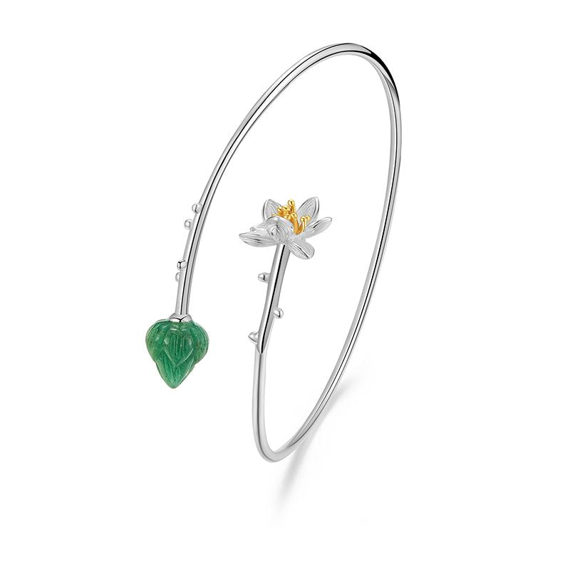 Lotus Vase Bracelet with Aventurine stone, sterling silver and 18k gold for women