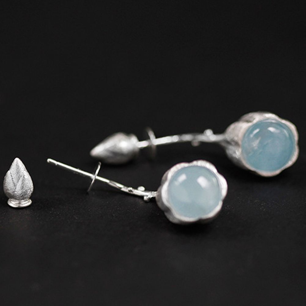 Lotus Buds Earrings With Aquamarine Stone in sterling silver and 18k gold