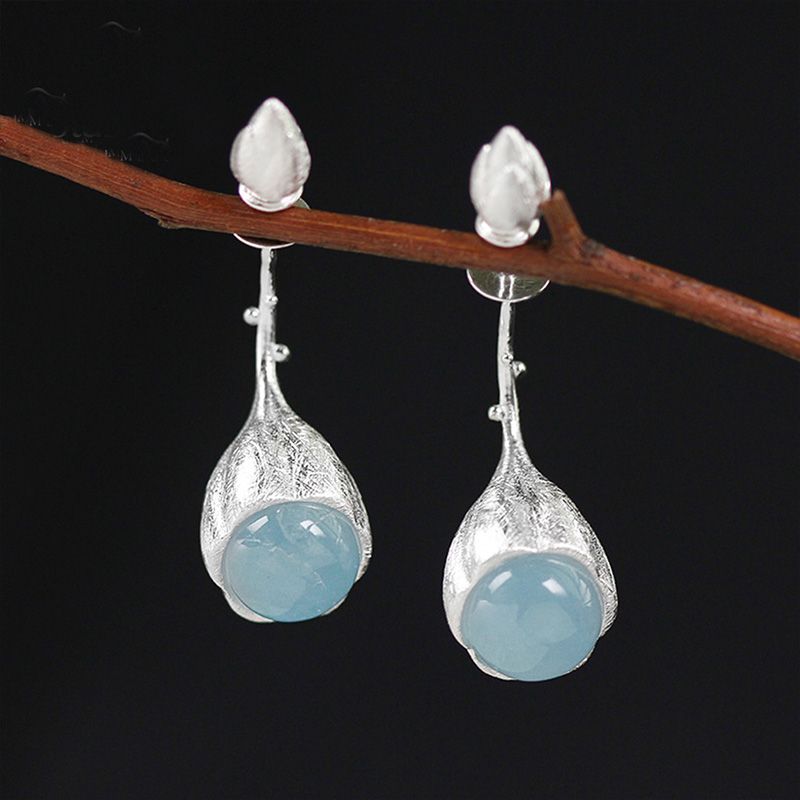 Lotus Buds Earrings With Aquamarine Stone in sterling silver and 18k gold