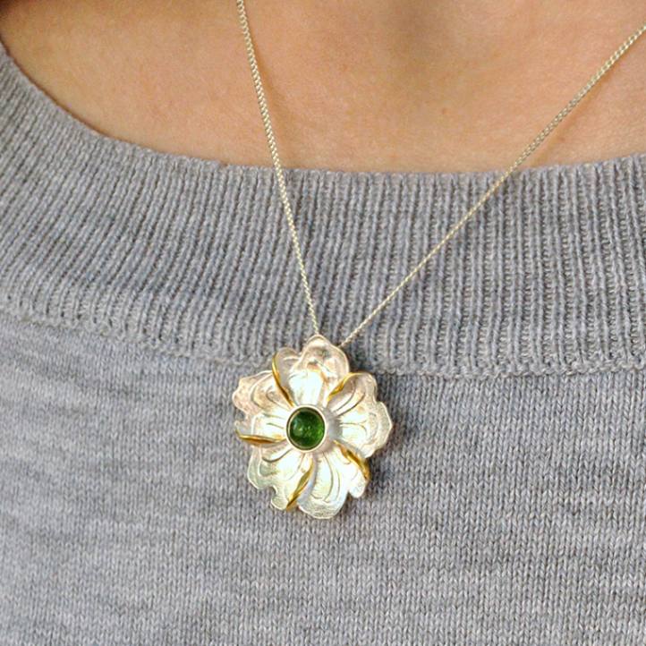 Women's Sterling Silver and 18k Gold Peony Flower Novelty Necklace