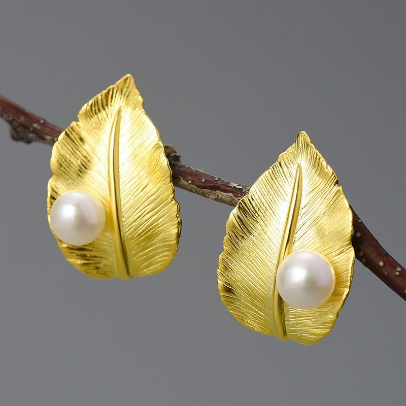 pendientes la hoja de perla con perla blanca, de plata de ley 925 pura y oro 18k, Calidad Española, 100% Hecho a Mano para mujeres