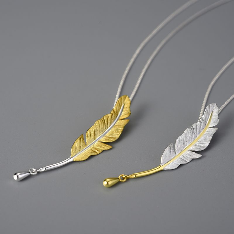 Sterling Silver and 18k Gold Feather Necklace for Women