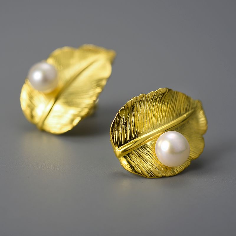 pendientes la hoja de perla con perla blanca, de plata de ley 925 pura y oro 18k, Calidad Española, 100% Hecho a Mano para mujeres