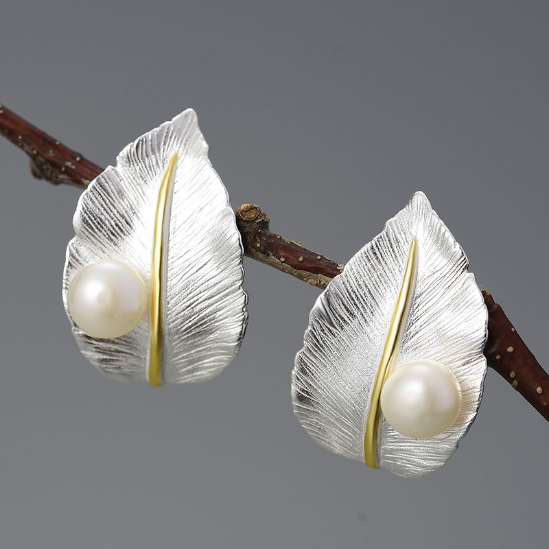 pendientes la hoja de perla con perla blanca, de plata de ley 925 pura y oro 18k, Calidad Española, 100% Hecho a Mano para mujeres