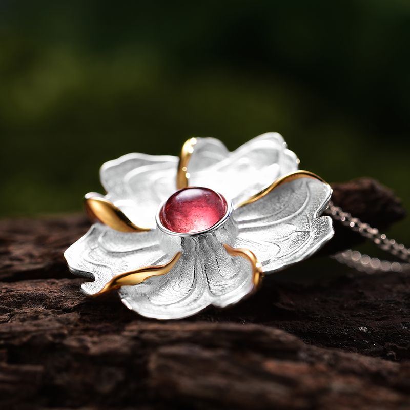 Women's Sterling Silver and 18k Gold Peony Flower Novelty Necklace