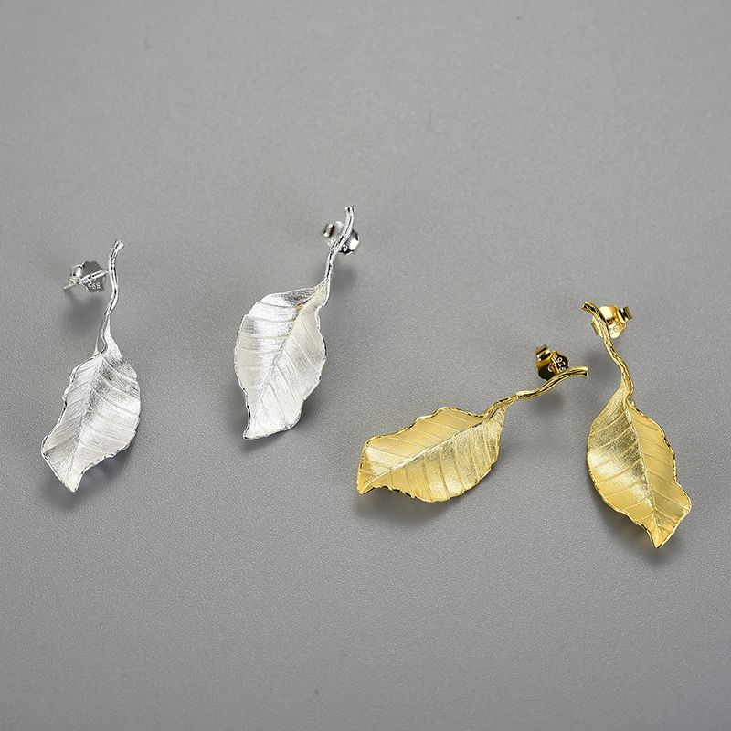 Long Leaf Earrings in sterling silver and 18k gold for women