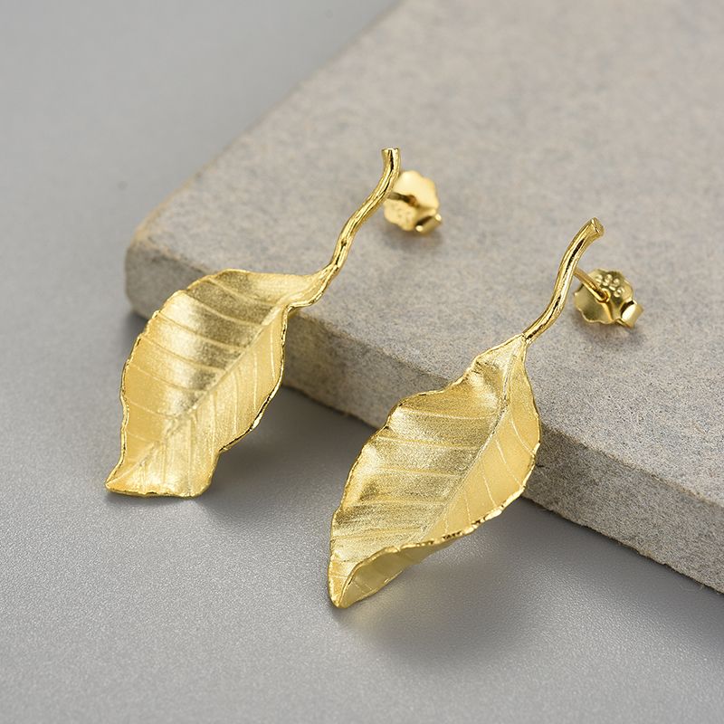 Long Leaf Earrings in sterling silver and 18k gold for women