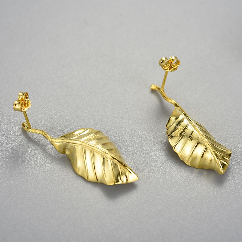 Long Leaf Earrings in sterling silver and 18k gold for women