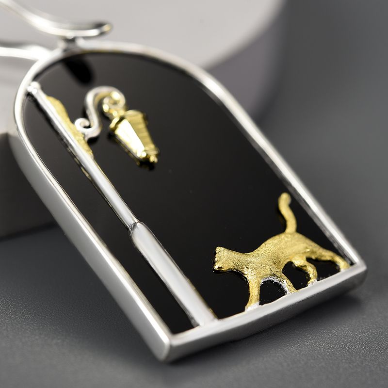 Collar Gato En La Noche con Piedra Ágata Negra  de plata de ley y oro 18k, Calidad Española, 100% Hecho a Mano para mujeres