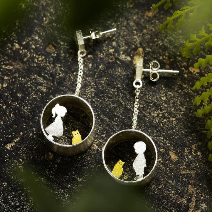 double earrings I'm with my precious cat in sterling silver and 18k gold unisex