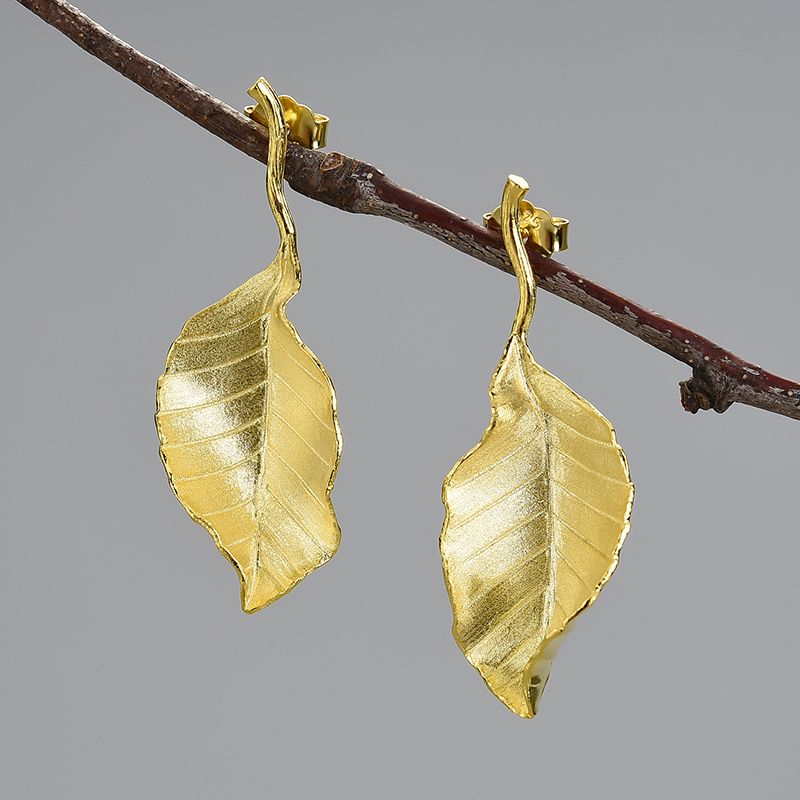 Long Leaf Earrings in sterling silver and 18k gold for women