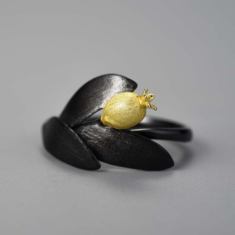 Anillo Flor de Granada de plata de ley 925 pura y oro negro, Calidad Española, 100% Hecho a Mano para mujeres