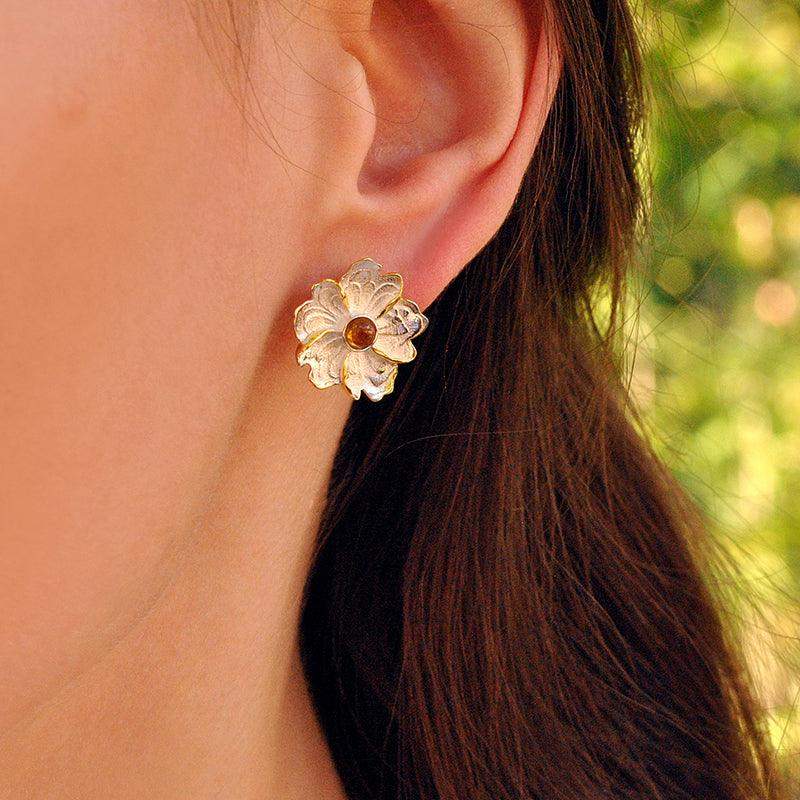 18k gold sterling silver peony flower novelty earrings for women