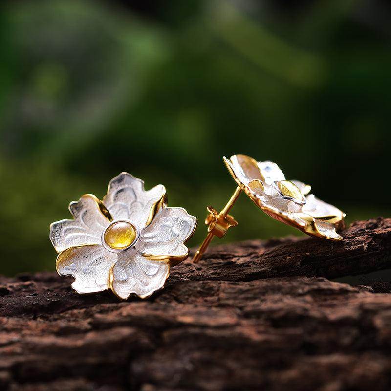 18k gold sterling silver peony flower novelty earrings for women