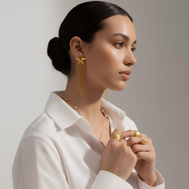 Pendientes de Estrella de Mar con Flecos Dorados